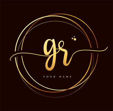 GR Initial handwriting logo golden color. Hand lettering Initials logo branding, Feminine and luxury logo design isolated on black background.