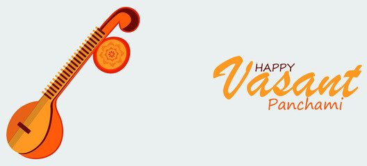 Background with instrument Veena for Happy Vasant Panchami Celebration,Vector illustration.