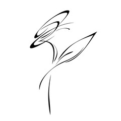 ornament 1453. stylized flower on a stem with one leaf in black lines on a white background