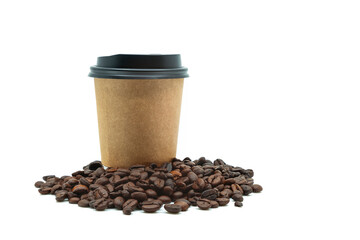 Isolated beautiful takeaway coffee cup with coffee beans on white background, brown paper wrap around takeaway coffee cup with black lid. Blank space on cup for branding design.