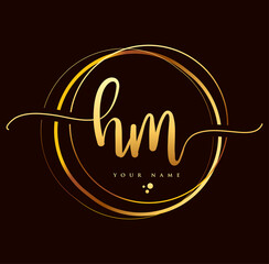 HM Initial handwriting logo golden color. Hand lettering Initials logo branding, Feminine and luxury logo design isolated on black background.