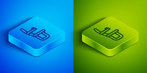 Isometric line Airplane seat icon isolated on blue and green background. Square button. Vector.