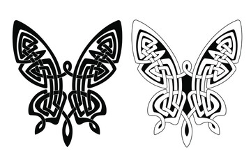 Ornament in the form of butterfly with outstretched wings in the Celtic national style isolated on a white background.