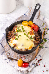 Moussaka. Traditional Greek dish. Chopped beef or lamb meat baked with eggplants