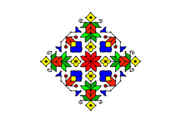  Indian traditional and cultural beautiful Rangoli with squares,  dots,  star, flower, and leaf shape filled with colors Alpona, Kolam or Paisley vector line art isolated on  colorful background.   
