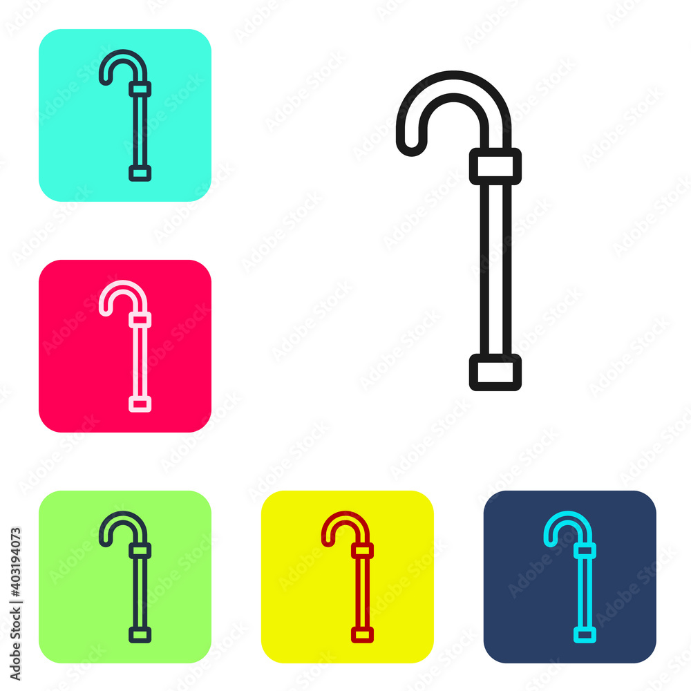 Poster black line walking stick cane icon isolated on white background. set icons in color square buttons. 