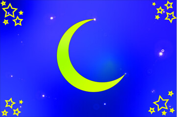 An image of a crescent moon with stars inside against a dark blue sky. The holy month of Ramadan Karem.