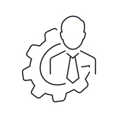 Businessman and gear. Personal management. Vector linear icon isolated on white background.