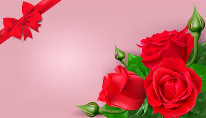 Happy Valentines Day. Greeting card with realistic of red rose on pink background, design for print cards, banner, poster. Vector Eps.10 and illustration.