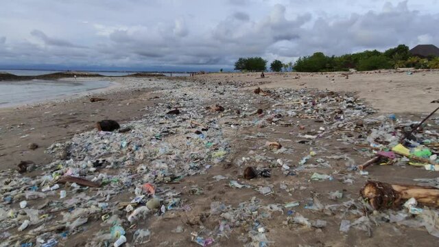 Very Dirty Beach - Tons of Trash, Garbage, Plastic Waste in Coastal - Earth Environmental Problem Disaster in Bali Indonesia
