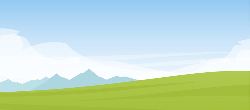 Vector Summer cartoon flat landscape with mountains, hills and green field.