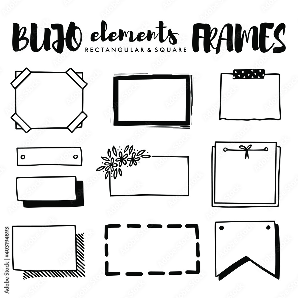 Fototapete Rectangular and square vector frame set monochrome hand drawn elements isolated on white background