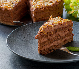 A piece of chocolate cream cake on a dark plate