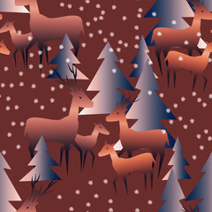 Deers in a winter forest with snowing, seamless pattern.