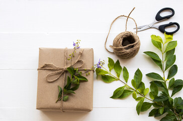  box package prepare send to customer by post office arrangement flat lay style on background white wooden