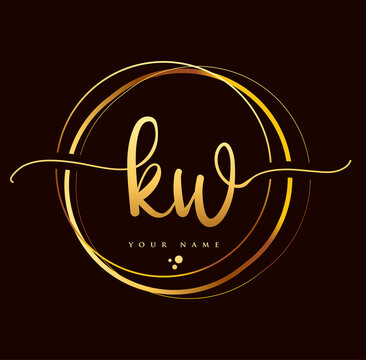 KW Initial handwriting logo golden color. Hand lettering Initials logo branding, Feminine and luxury logo design isolated on black background.