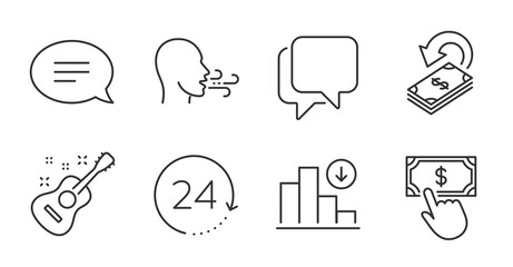Decreasing graph, Talk bubble and Chat line icons set. 24 hours, Cashback and Guitar signs. Payment click, Breathing exercise symbols. Crisis chart, Chat message, Speech bubble. Vector