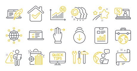 Set of Technology icons, such as Online loan, International globe, Copyright laptop symbols. Seo shopping, Web lectures, 5g statistics signs. Scroll down, Employees teamwork, Spanner. Vector