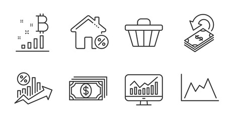 Diagram, Loan house and Cashback line icons set. Bitcoin graph, Statistics and Shop cart signs. Loan percent, Payment symbols. Growth graph, Discount percent, Financial transfer. Finance set. Vector