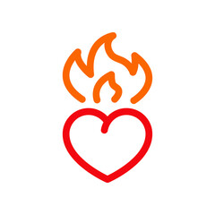 Día de San Valentín. Logotipo con corazón con llama con lineas en rojo y naranja