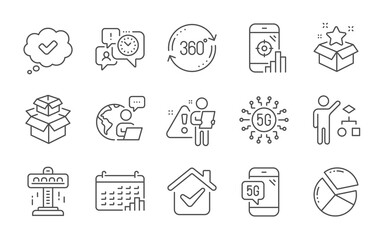 Pie chart, Time management and Full rotation line icons set. 5g technology, Calendar graph and Loyalty program signs. Approved, Packing boxes and Seo phone symbols. Line icons set. Vector