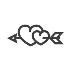 Día de San Valentín. Logotipo con 2 corazones perforados por una flecha con lineas en color gris