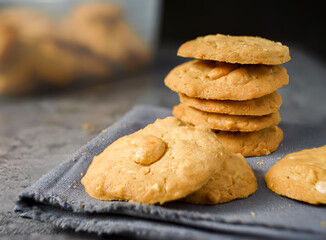 Close up selective focus sweets cookie chips oatmeal mixed grain food fresh made snack or dessert american food style blurred background