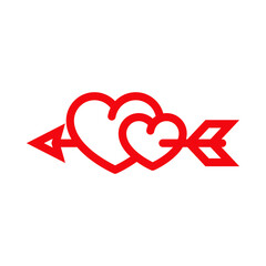 Día de San Valentín. Logotipo con 2 corazones perforados por una flecha con lineas en color rojo