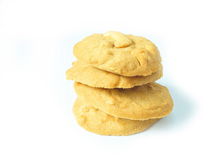 Isolated image close up sweets cookies chips oatmeal mixed grain food freshly made dessert american style white background with clipping path.