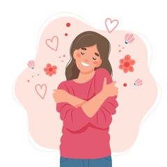 Love yourself concept, woman hugging herself, vector illustration in flat style