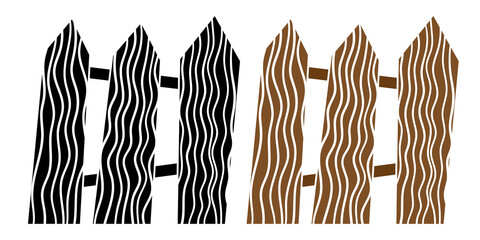 Fence black and white hand drawn illustration. Wooden planks for yard territory railing silhouette isolated on white background. Rural backyard boundary construction. Old timber hedge, ring-fence