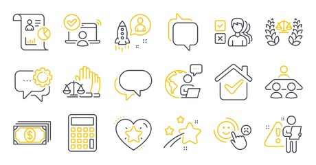 Set of Education icons, such as Talk bubble, Justice scales, Customer satisfaction symbols. Ranking star, Interview job, Opinion signs. Startup, Online access, Payment. Messenger, Report. Vector