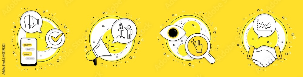 Poster launch project, move gesture and face id line icons set. cell phone, megaphone and deal vector icons