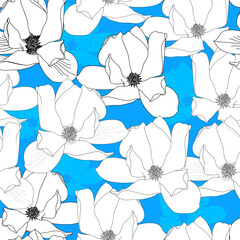 Seamless pattern with white flowers on a blue background. Hand drawn floral texture.