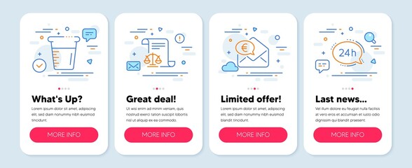 Set of Business icons, such as Legal documents, Euro money, Cooking beaker symbols. Mobile app mockup banners. 24h service line icons. Justice scale, Receive cash, Water. Call support. Vector