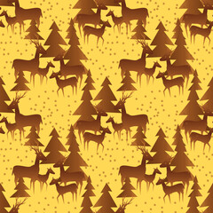 Deers in a winter forest with snowing, seamless pattern.