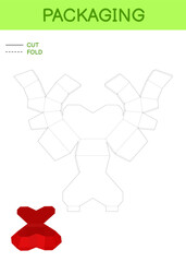 Obraz premium Heart gift box template for Valentine's day, birthdays, baby showers for sweets, candies, small presents, bakery. Retail box blueprint template design. Print, cutout, fold, glue. Vector illustration.
