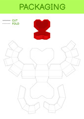 Heart gift box packaging die cut template design for Valentine's day, birthdays, baby showers for sweets, candies, small presents, bakery. Retail box blueprint template. Print, cutout, fold, glue.