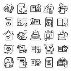 Technical document line icons. Set of Instruction, Plan and Manual icons. Help document, Building plan and Algorithm symbols. Technical blueprint, Engineering instruction, Work tool, building. Vector