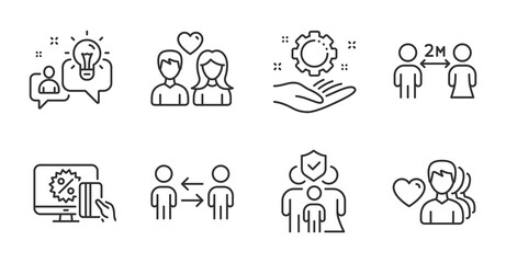 Online shopping, Family insurance and Idea line icons set. Couple love, Man love and Teamwork business signs. Employee hand, Social distancing symbols. Black friday, Risk coverage, Solution. Vector