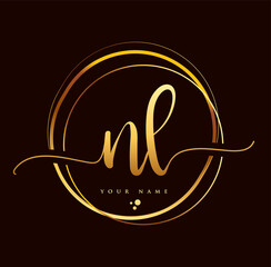 NL Initial handwriting logo golden color. Hand lettering Initials logo branding, Feminine and luxury logo design isolated on black background.