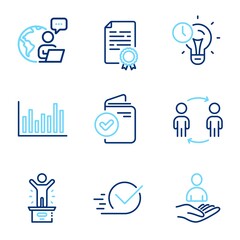 Education icons set. Included icon as Verification document, Checkbox, Certificate diploma signs. Bar diagram, Winner podium, Time management symbols. Workflow, Recruitment line icons. Vector