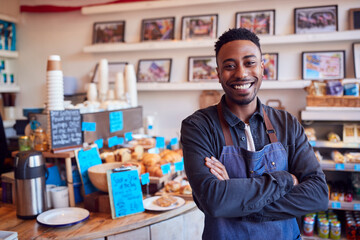 Portrait Of Smiling Male Owner Of Coffee Shop Standing By Counter - obrazy, fototapety, plakaty