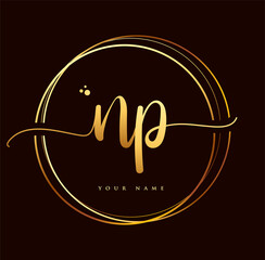 NP Initial handwriting logo golden color. Hand lettering Initials logo branding, Feminine and luxury logo design isolated on black background. © wikaGraphic
