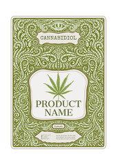 Cannabis Template for product label, cosmetic packaging. Easy to edit. In art nouveau style, vintage, old, retro style. Isolated on white background..