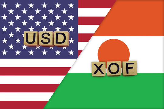 USA and Niger currencies codes on national flags background
