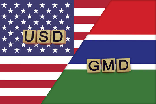 USA and Gambia currencies codes on national flags background
