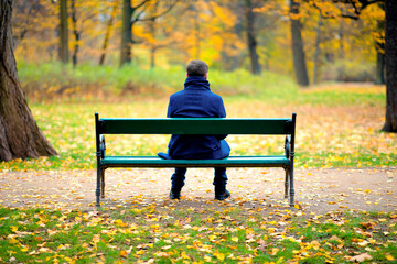 Lonely man sitting on a wooden bench outdoors in a park in autumn day