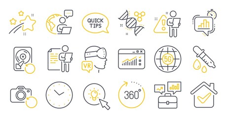 Set of Science icons, such as Statistics timer, Business portfolio, Recovery hdd symbols. Energy, Chemistry dna, Web traffic signs. Augmented reality, Recovery photo, Chemistry pipette. Vector