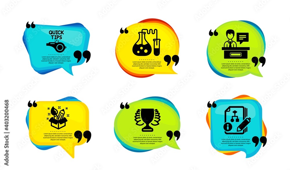 Poster creativity, winner and tutorials icons simple set. speech bubble with quotes. chemistry lab, exhibit
